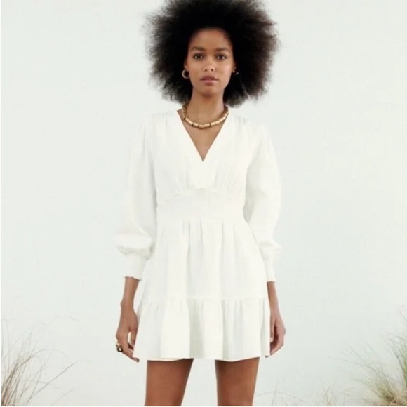 ZARA New Oyster White Bohemian Linen Blend Short Dress Size xS - Picture 1 of 5